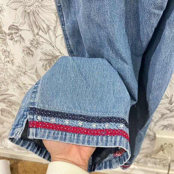 Vintage Agapo Denim Overalls Women Sz M USA Flag American Cross Stitch Embroider - Picture 10 of 14